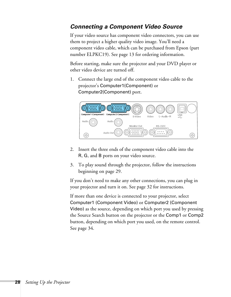 Connecting a component video source | Epson 62c/82c User Manual | Page 28 / 113