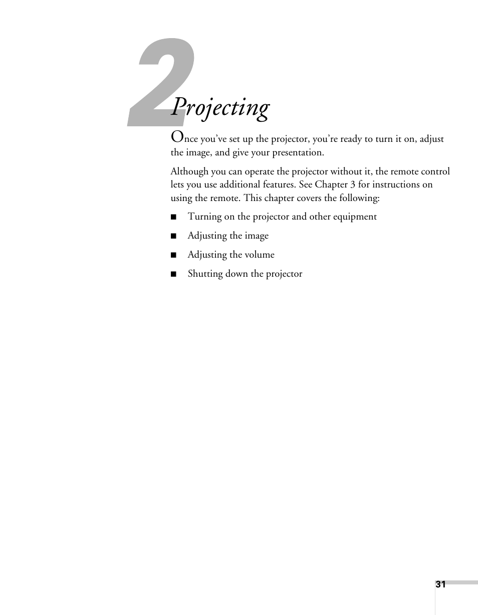 Projecting | Epson 62c/82c User Manual | Page 31 / 113