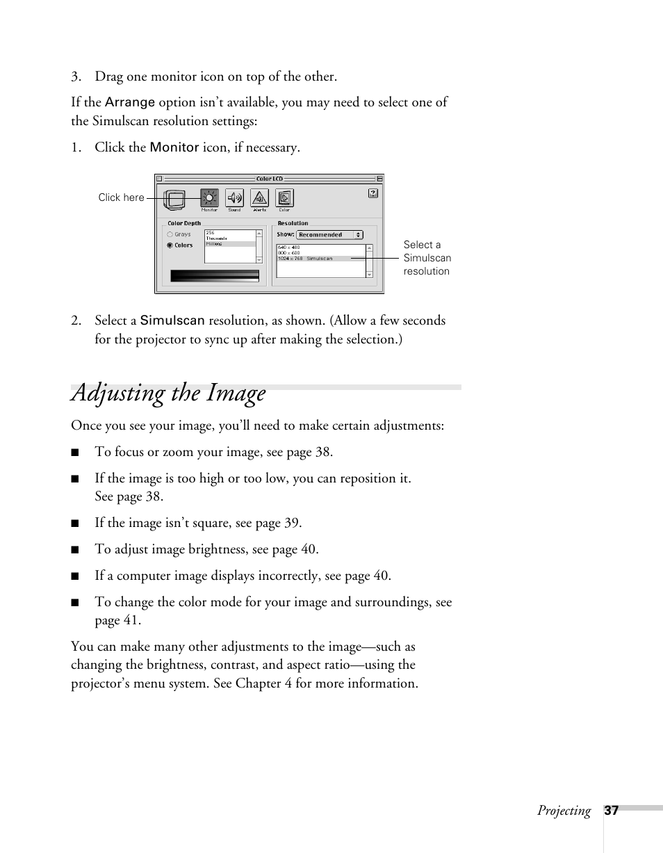 Adjusting the image | Epson 62c/82c User Manual | Page 37 / 113