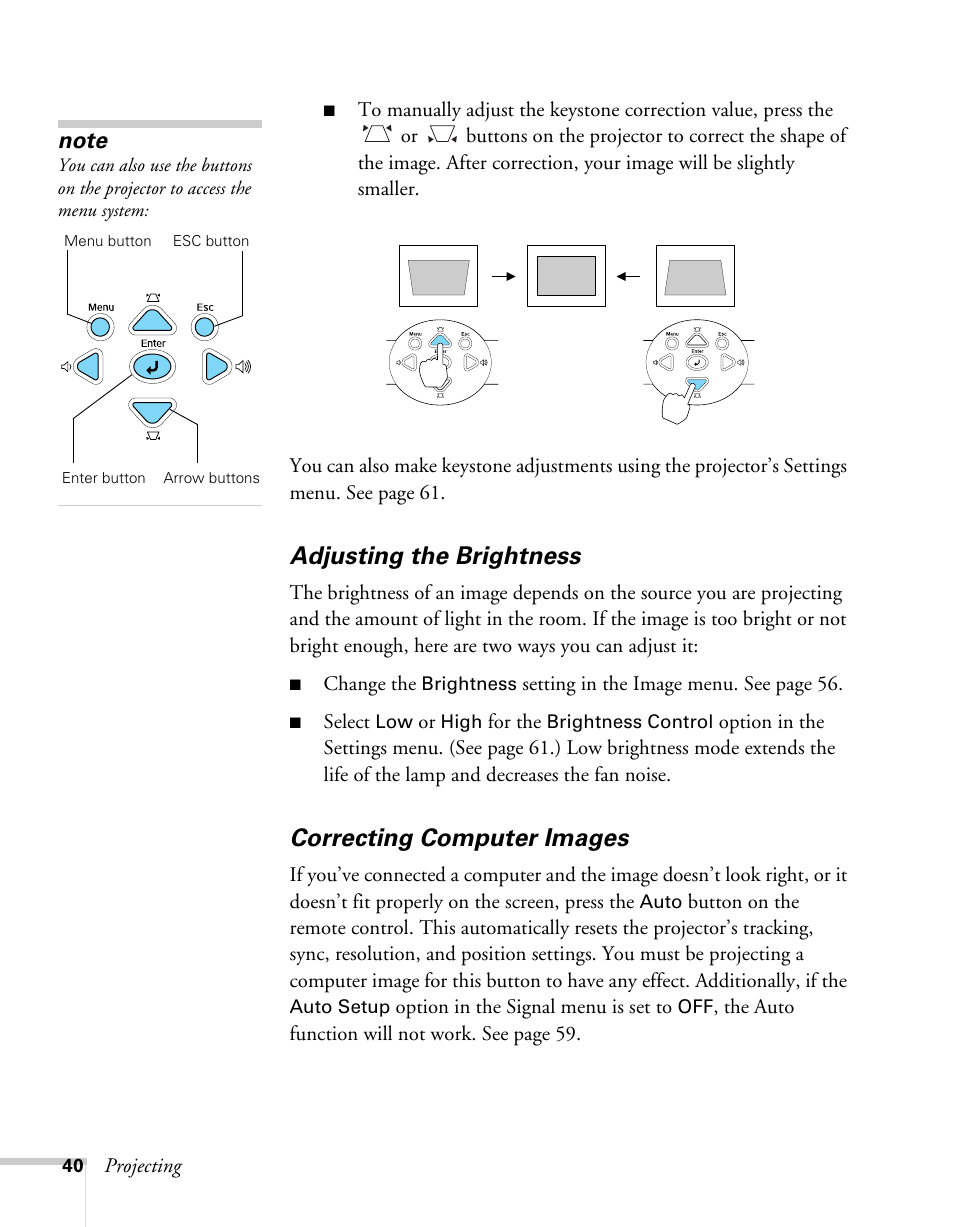 Adjusting the brightness, Correcting computer images | Epson 62c/82c User Manual | Page 40 / 113