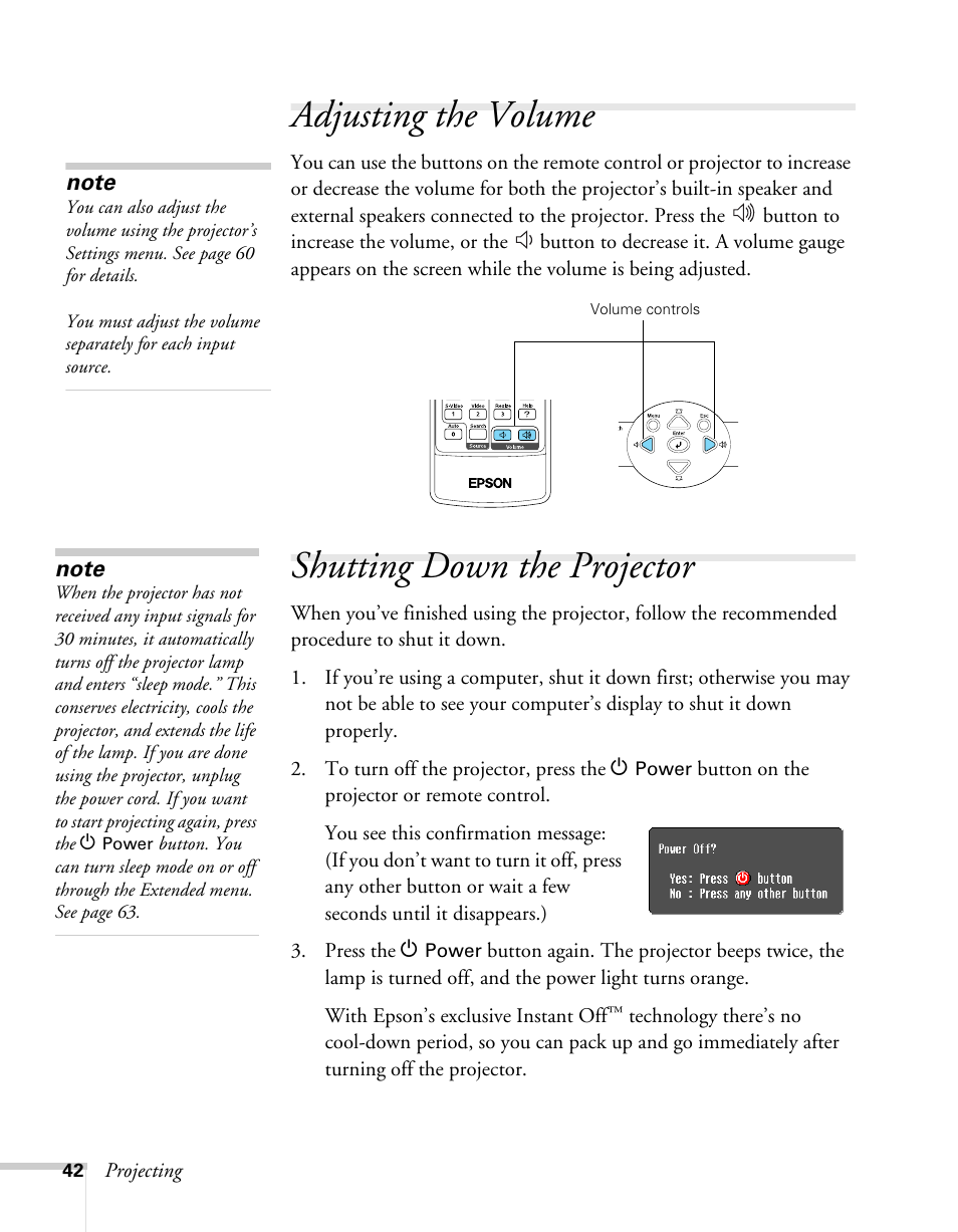 Adjusting the volume, Shutting down the projector, Adjusting the volume shutting down the projector | Epson 62c/82c User Manual | Page 42 / 113