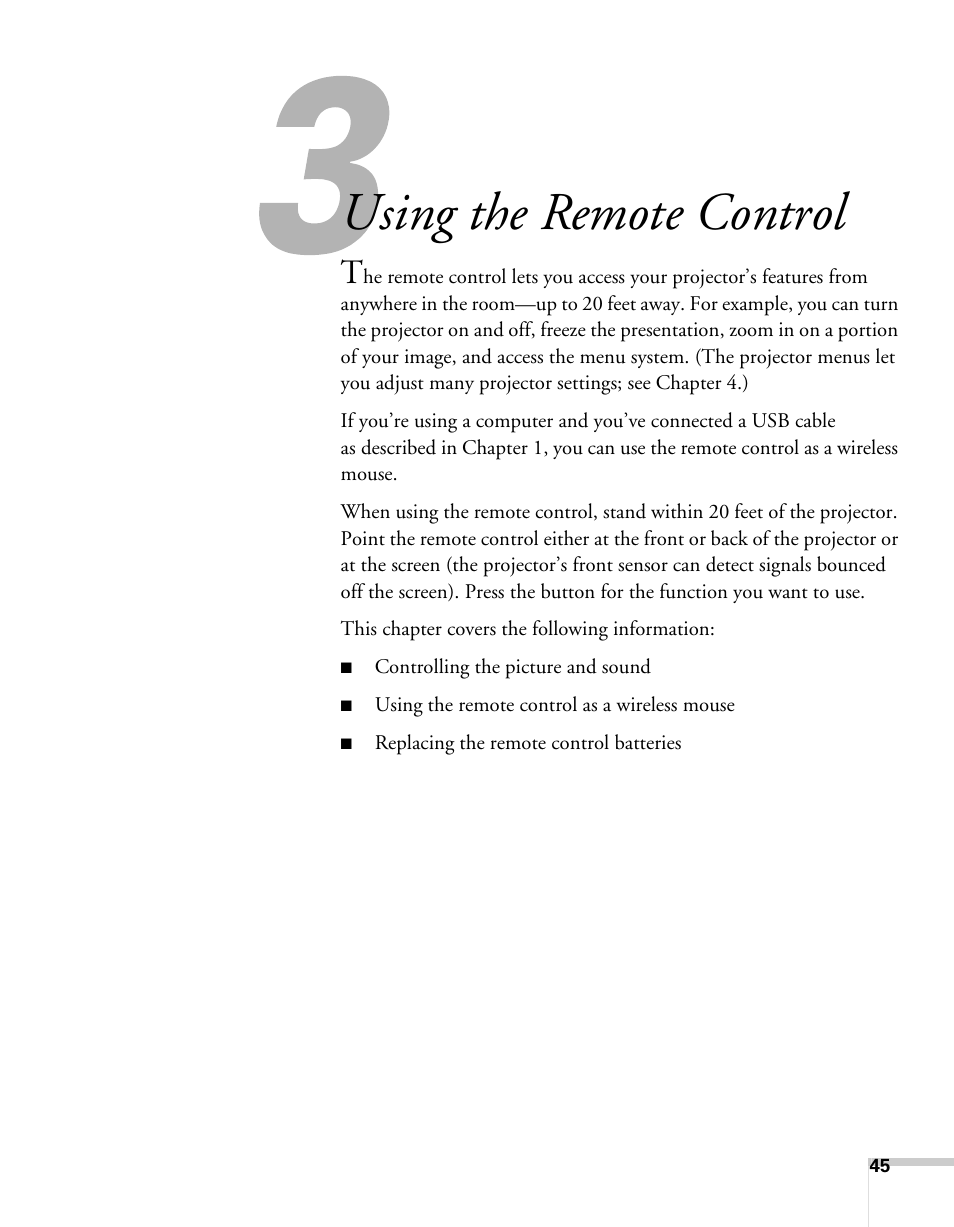 Using the remote control, Details, see chapter 3, See chapter 3 | Epson 62c/82c User Manual | Page 45 / 113