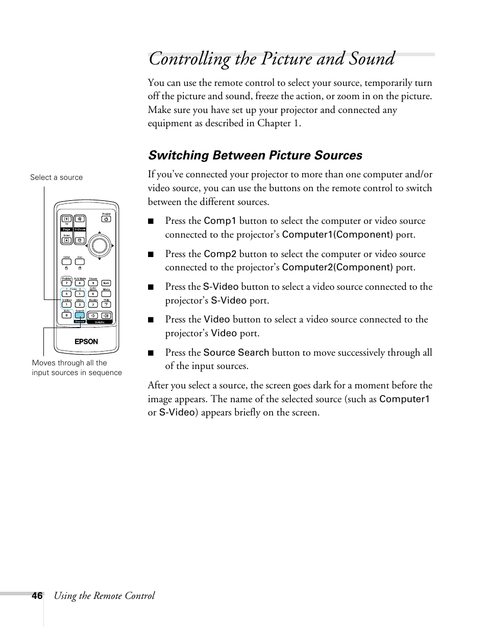 Controlling the picture and sound, Switching between picture sources | Epson 62c/82c User Manual | Page 46 / 113