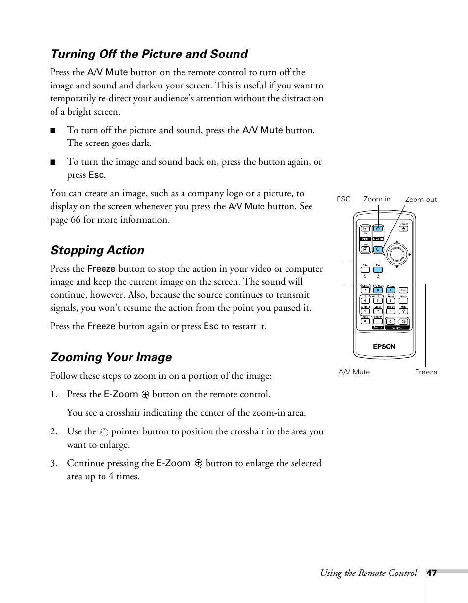 Turning off the picture and sound, Stopping action, Zooming your image | Epson 62c/82c User Manual | Page 47 / 113