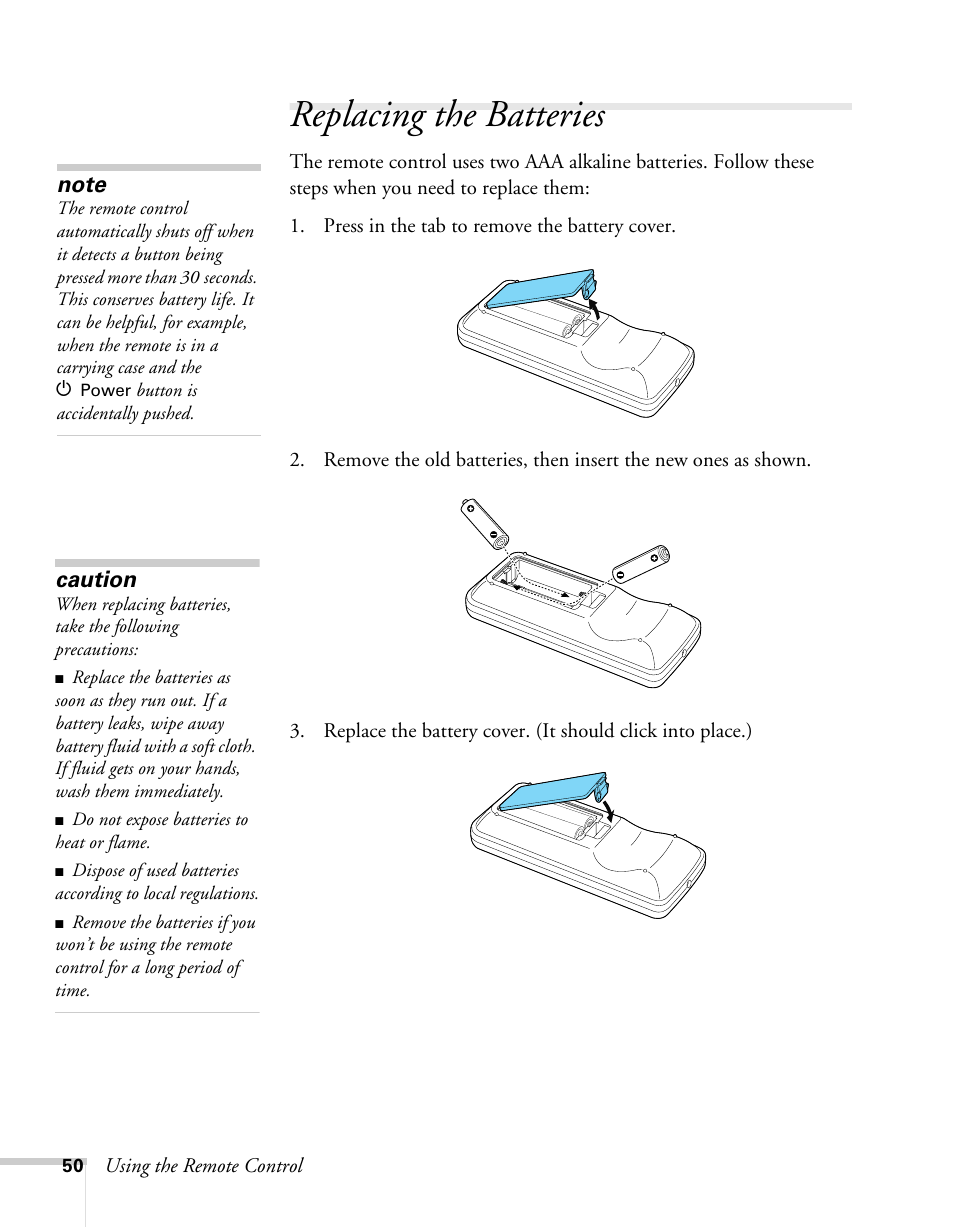 Replacing the batteries, Replacing the remote control batteries, Caution | Epson 62c/82c User Manual | Page 50 / 113