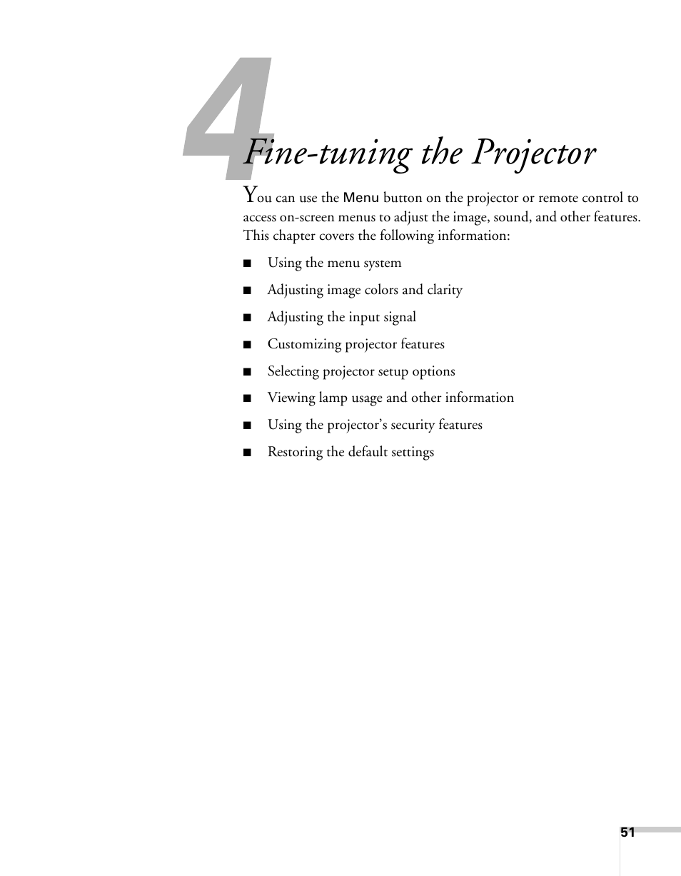 Fine-tuning the projector, Nu system. see chapter 4, Chapter 4 | Epson 62c/82c User Manual | Page 51 / 113