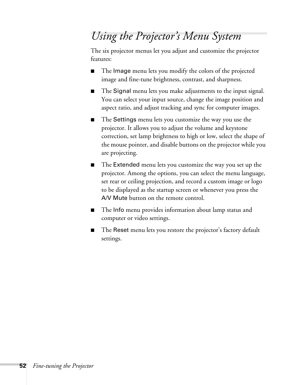 Using the projector’s menu system, Using the menu system | Epson 62c/82c User Manual | Page 52 / 113