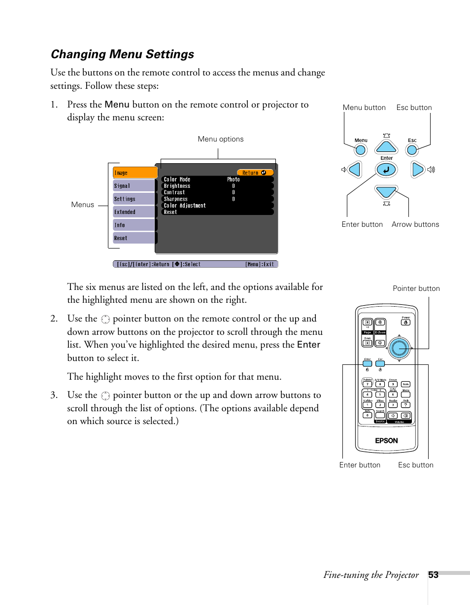 Changing menu settings | Epson 62c/82c User Manual | Page 53 / 113