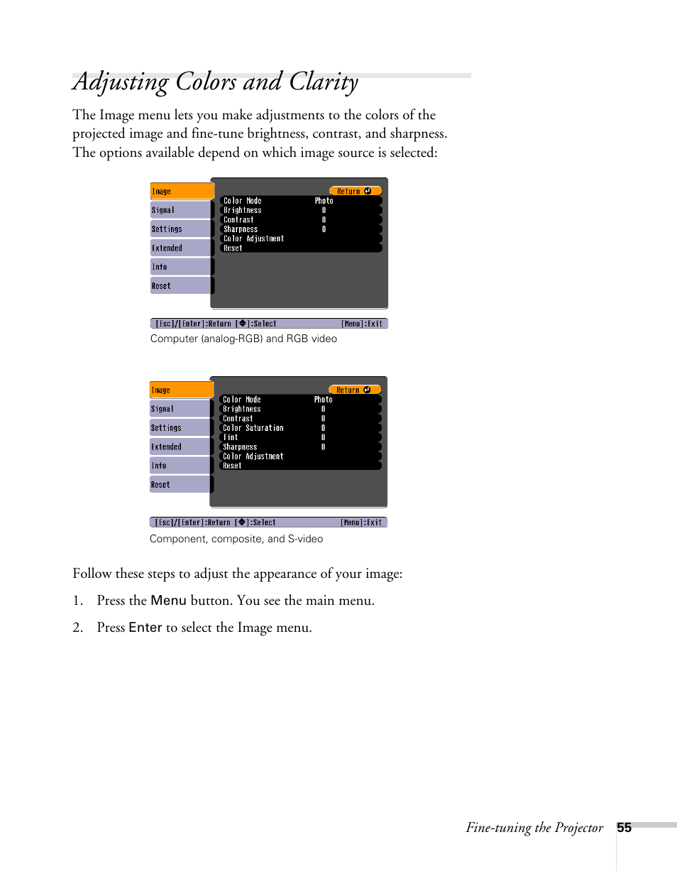 Adjusting colors and clarity, Adjusting image colors and clarity | Epson 62c/82c User Manual | Page 55 / 113