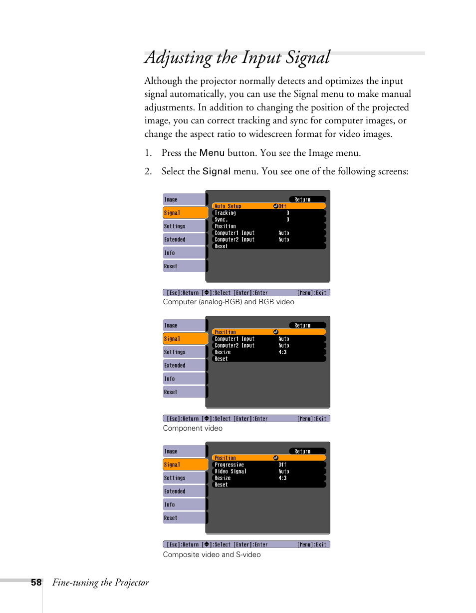 Adjusting the input signal | Epson 62c/82c User Manual | Page 58 / 113