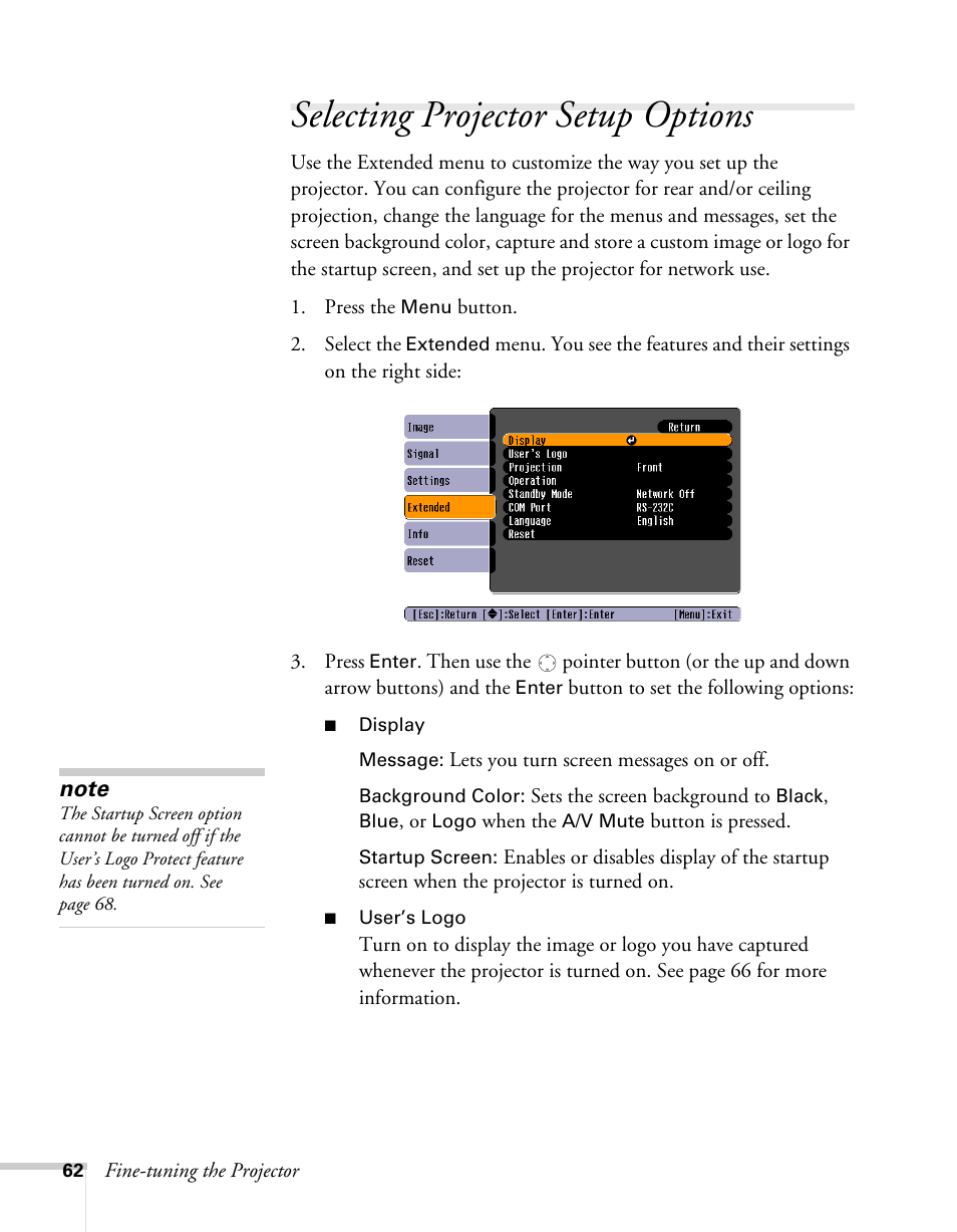 Selecting projector setup options | Epson 62c/82c User Manual | Page 62 / 113