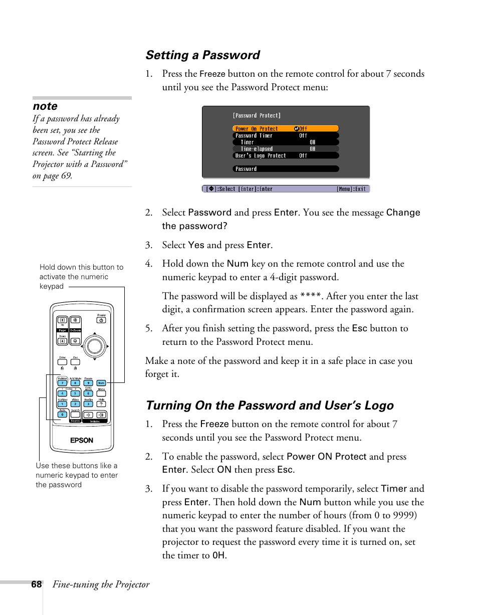 Setting a password, Turning on the password and user’s logo | Epson 62c/82c User Manual | Page 68 / 113