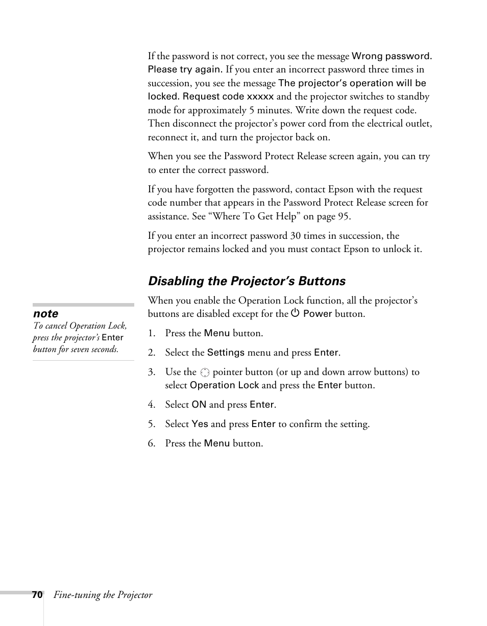 Disabling the projector’s buttons | Epson 62c/82c User Manual | Page 70 / 113