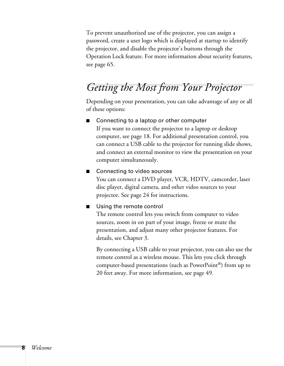 Getting the most from your projector | Epson 62c/82c User Manual | Page 8 / 113