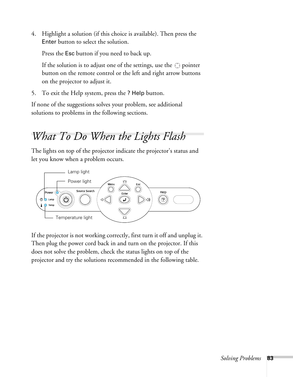 What to do when the lights flash | Epson 62c/82c User Manual | Page 83 / 113