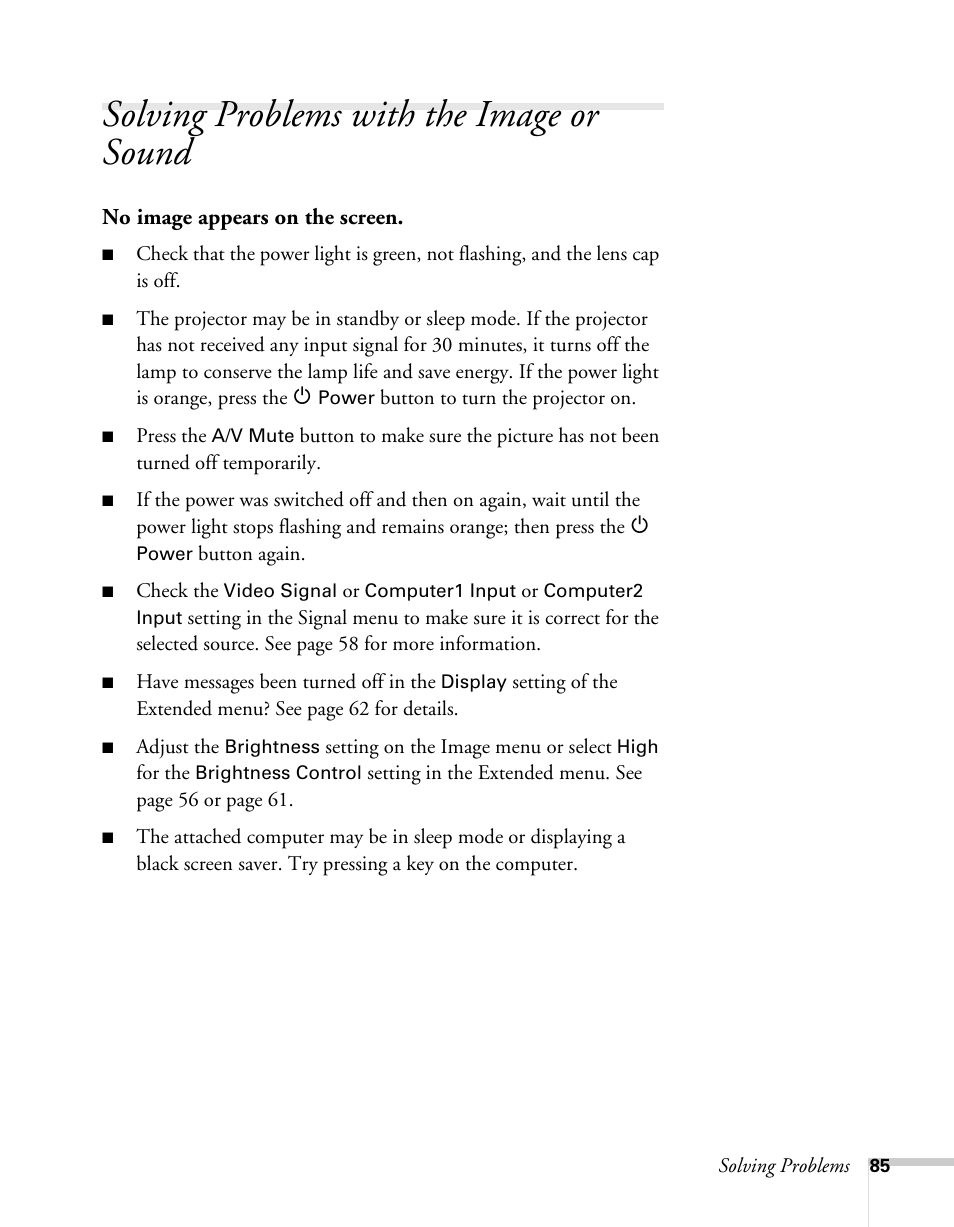 Solving problems with the image or sound | Epson 62c/82c User Manual | Page 85 / 113