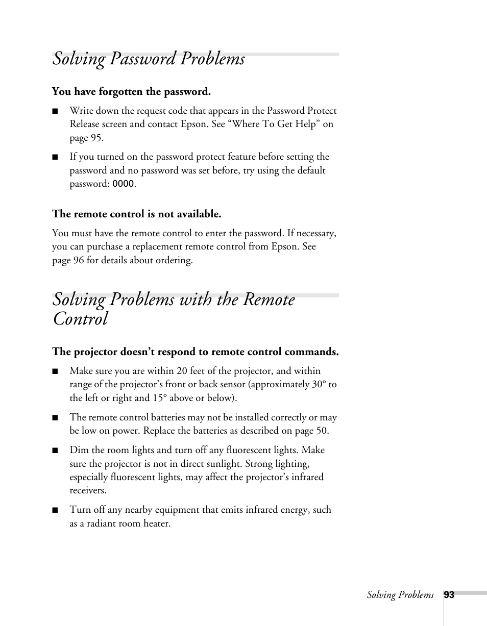 Solving password problems, Solving problems with the remote control | Epson 62c/82c User Manual | Page 93 / 113