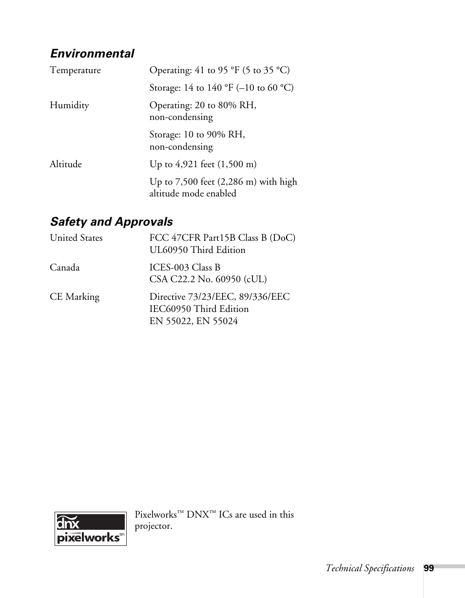 Environmental, Safety and approvals, Environmental safety and approvals | Epson 62c/82c User Manual | Page 99 / 113