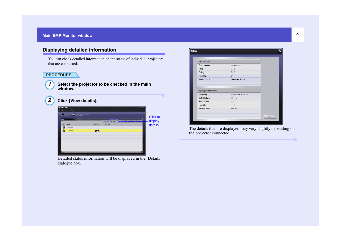 Displaying detailed information | Epson EMP Monitor User Manual | Page 10 / 12
