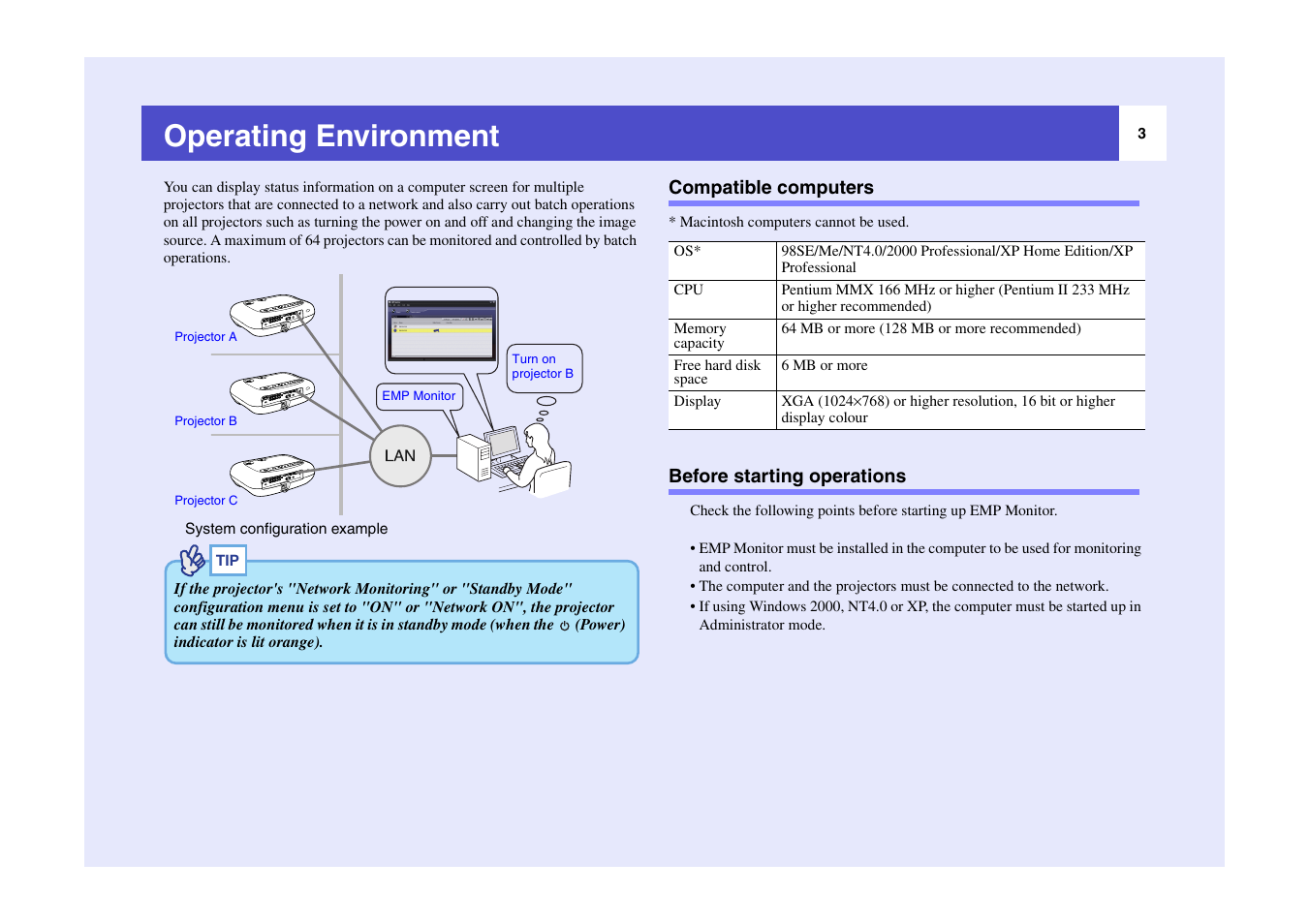 Operating environment, Compatible computers, Before starting operations | Epson EMP Monitor User Manual | Page 4 / 12