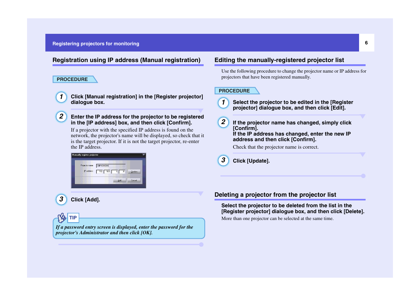 Editing the manually-registered projector list, Deleting a projector from the projector list | Epson EMP Monitor User Manual | Page 7 / 12