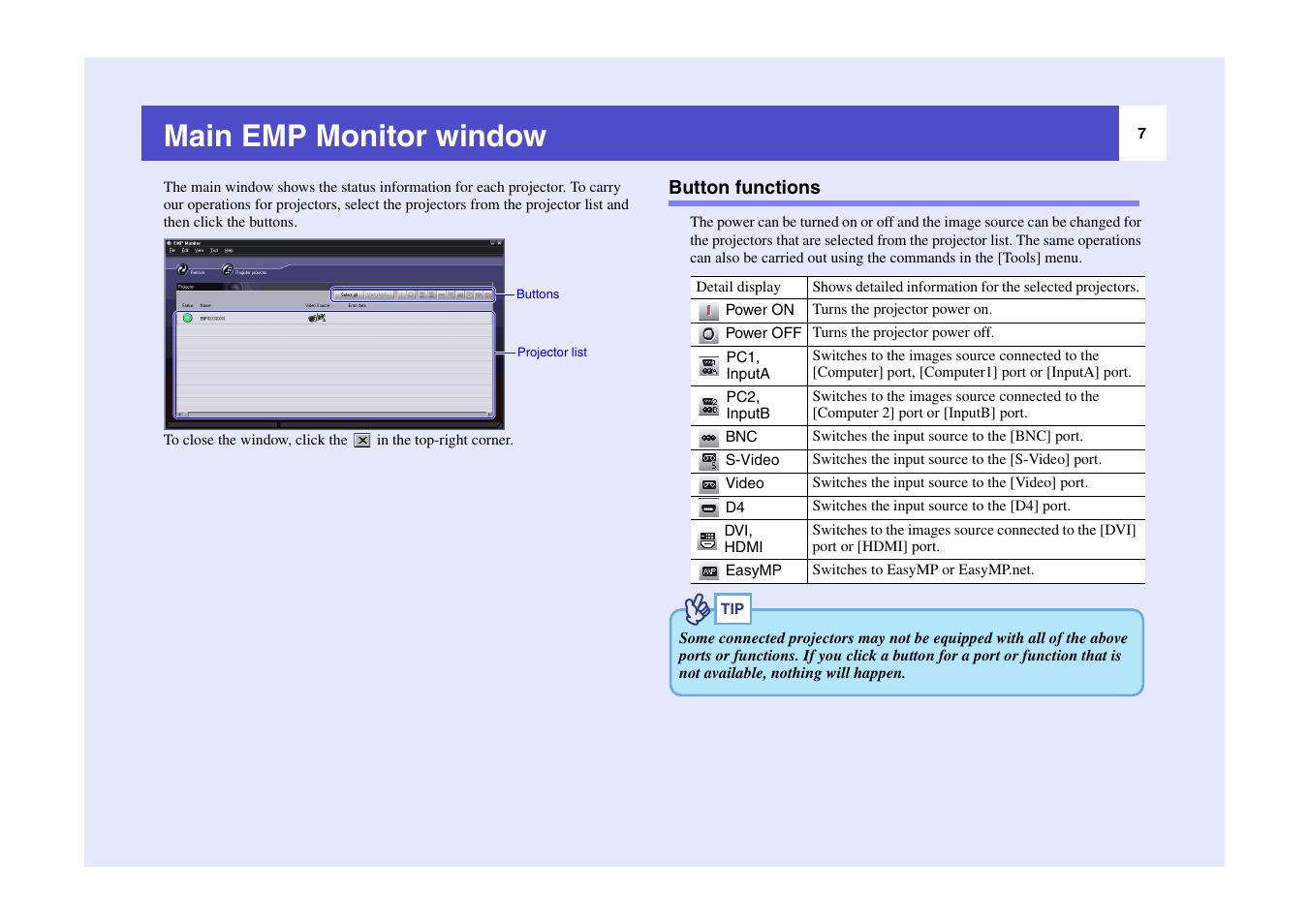Main emp monitor window, Button functions, R to "main emp monitor window" for deta | Epson EMP Monitor User Manual | Page 8 / 12