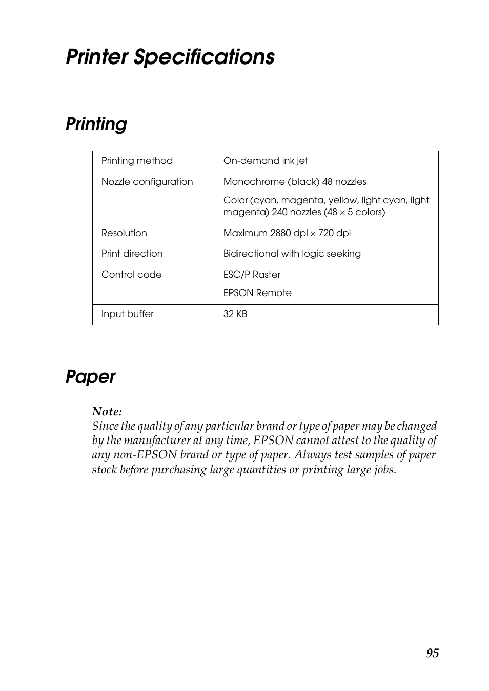 Printer specifications, Printing, Paper | Printing paper | Epson 925 User Manual | Page 101 / 112