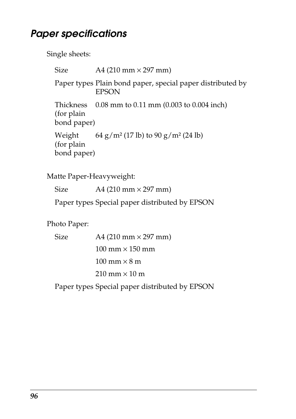 Paper specifications | Epson 925 User Manual | Page 102 / 112