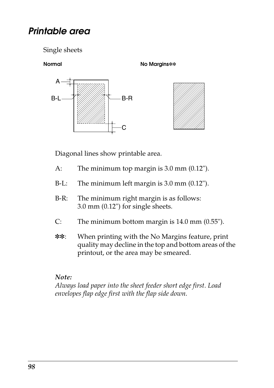 Printable area | Epson 925 User Manual | Page 104 / 112