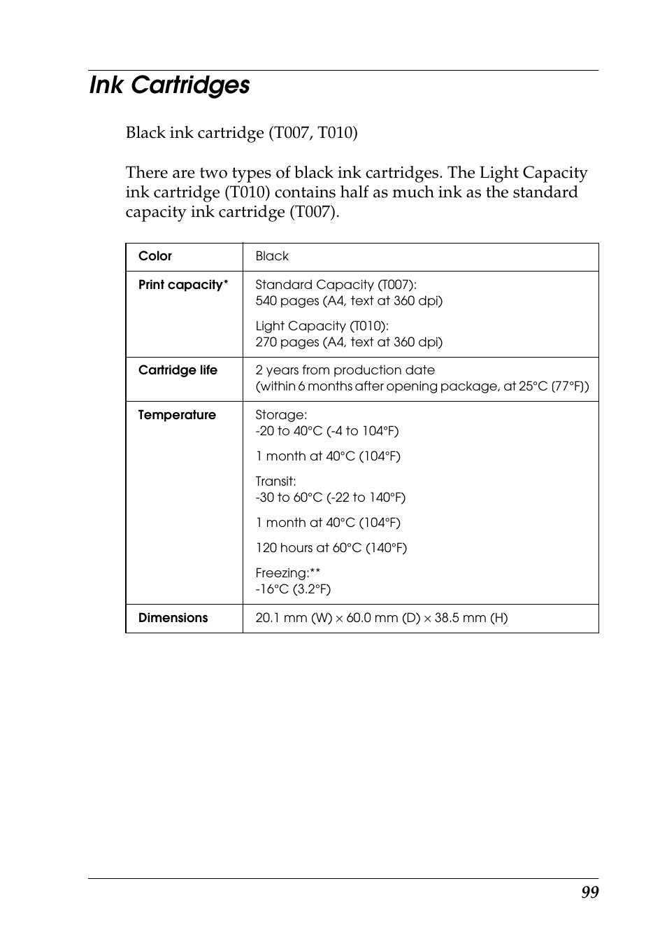 Ink cartridges | Epson 925 User Manual | Page 105 / 112