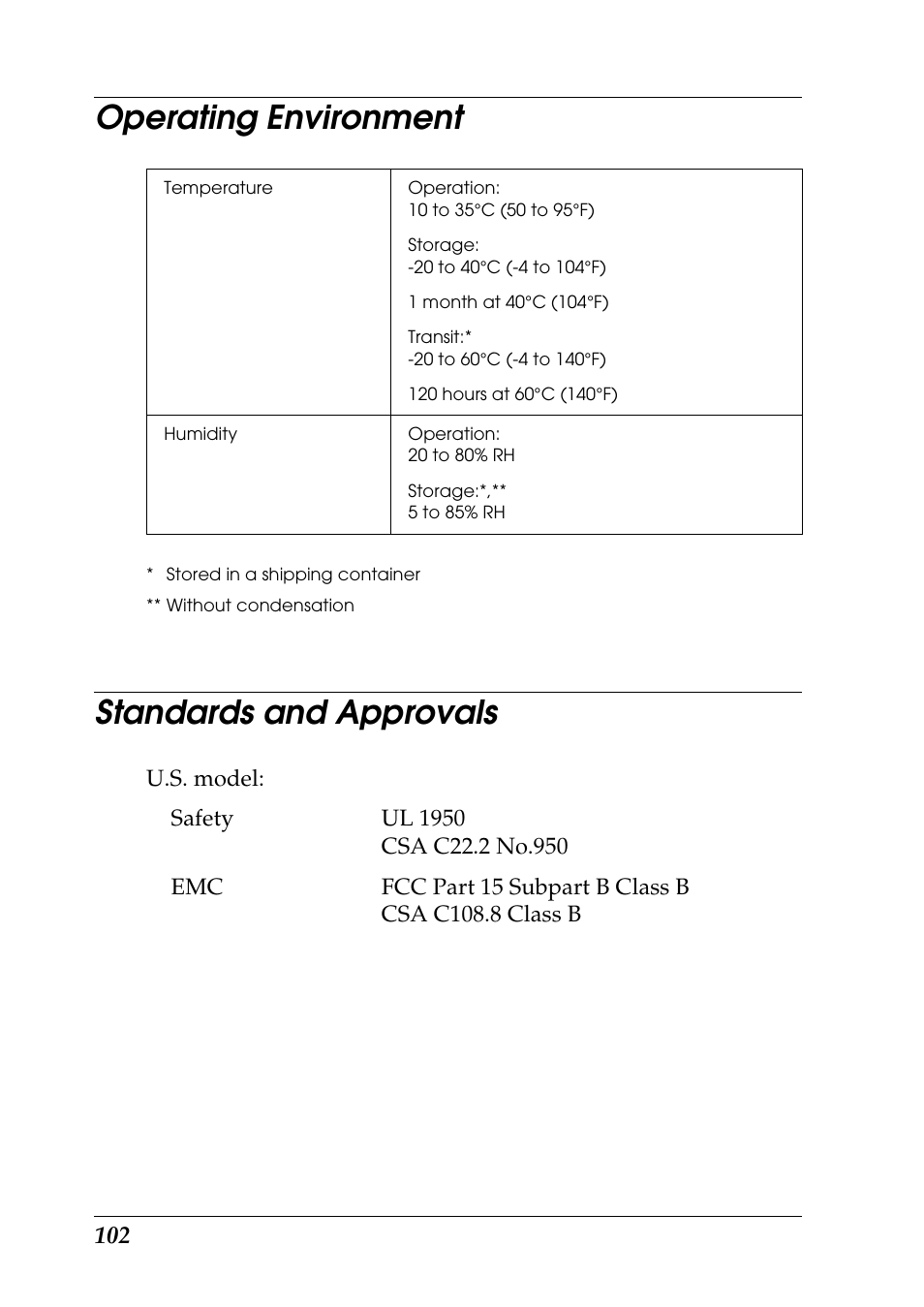 Operating environment, Standards and approvals, Operating environment standards and approvals | Epson 925 User Manual | Page 108 / 112