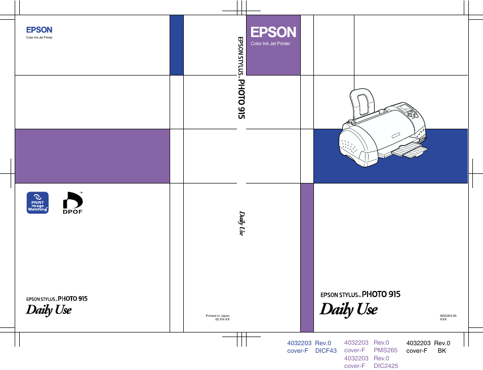 Back cover, Daily use | Epson 925 User Manual | Page 112 / 112