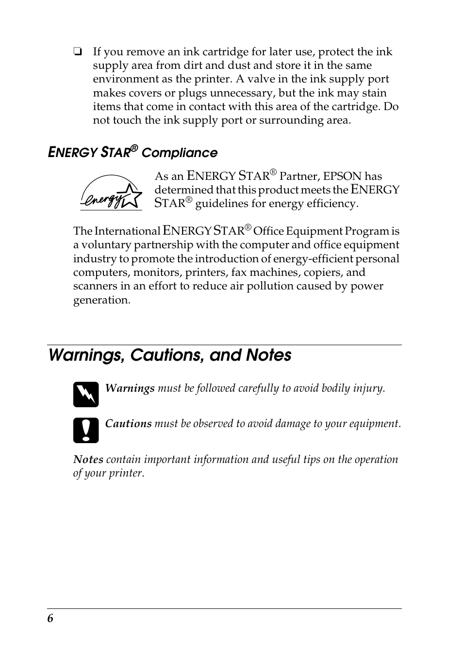 Energy star® compliance, Warnings, cautions, and notes | Epson 925 User Manual | Page 12 / 112