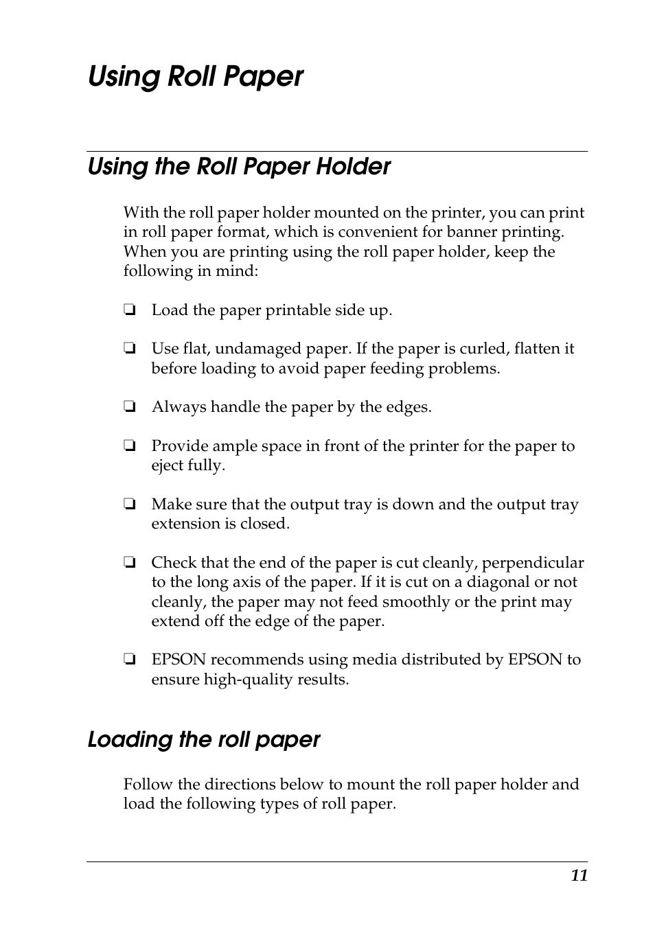 Using roll paper, Using the roll paper holder, Loading the roll paper | Epson 925 User Manual | Page 17 / 112