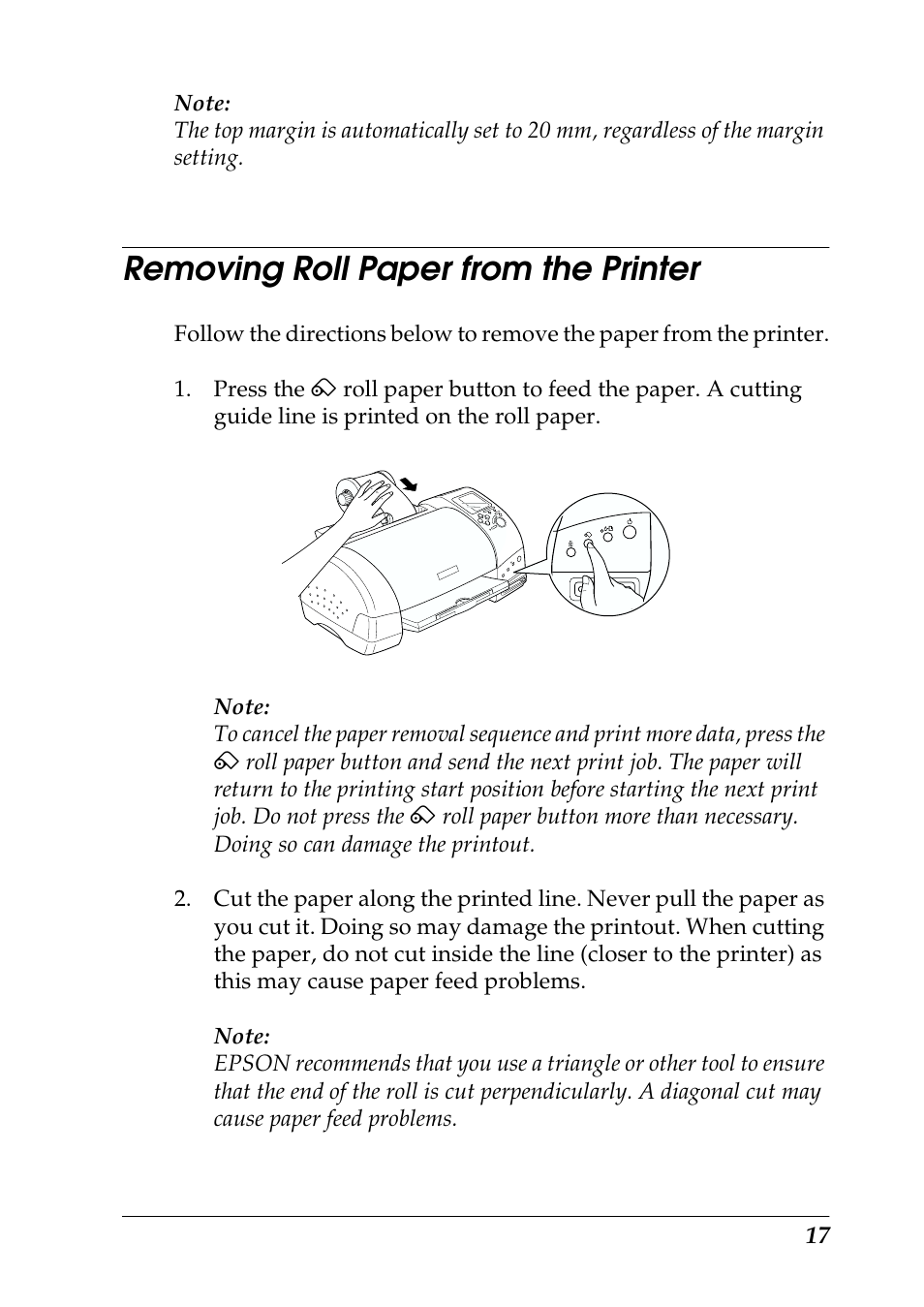 Removing roll paper from the printer | Epson 925 User Manual | Page 23 / 112