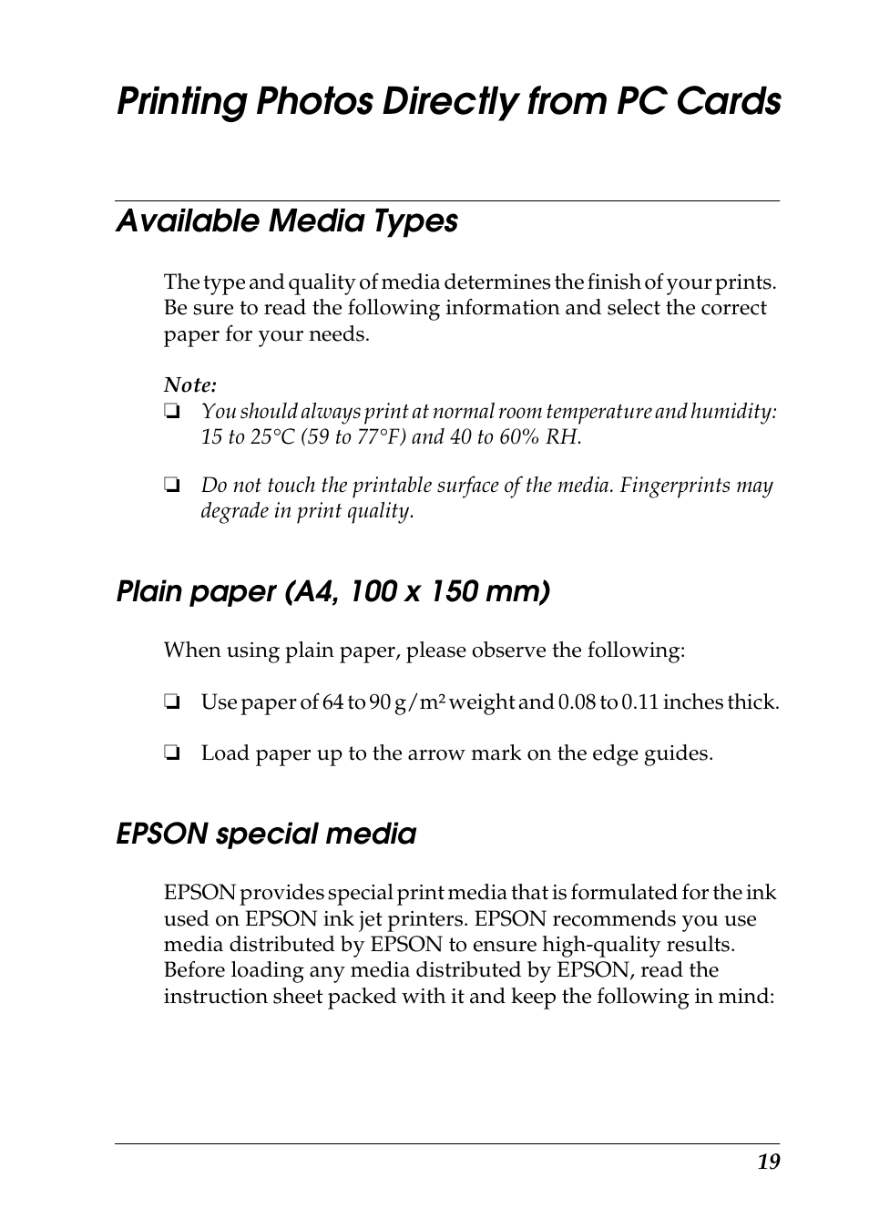 Printing photos directly from pc cards, Available media types, Plain paper (a4, 100x150mm) | Epson special media | Epson 925 User Manual | Page 25 / 112