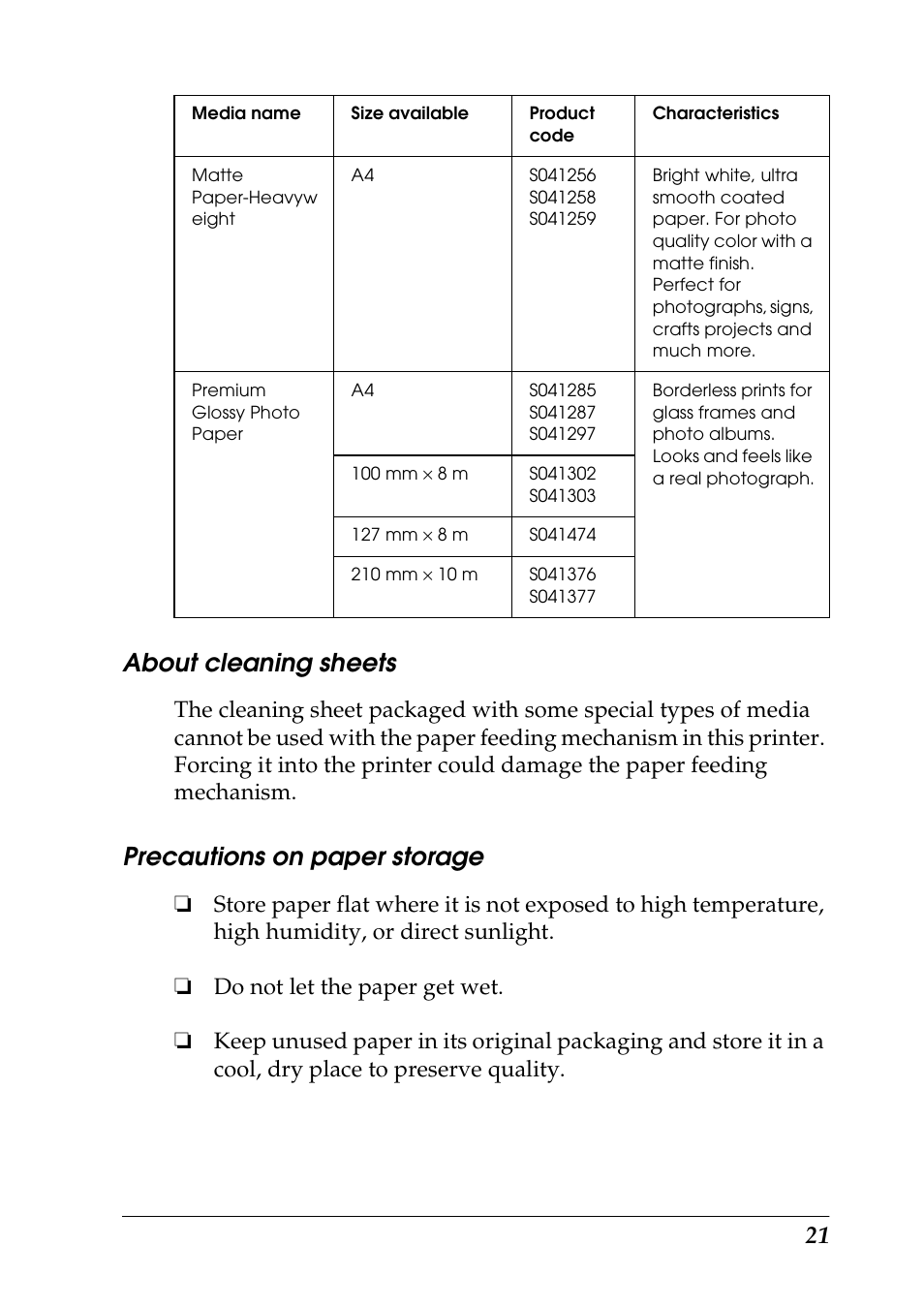 About cleaning sheets, Precautions on paper storage | Epson 925 User Manual | Page 27 / 112