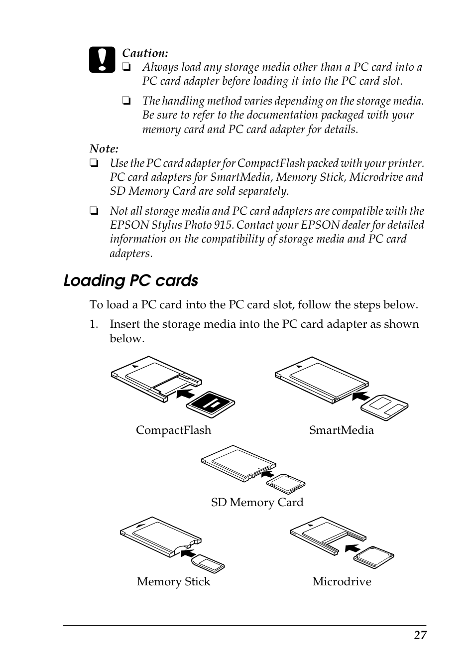 Loading pc cards | Epson 925 User Manual | Page 33 / 112