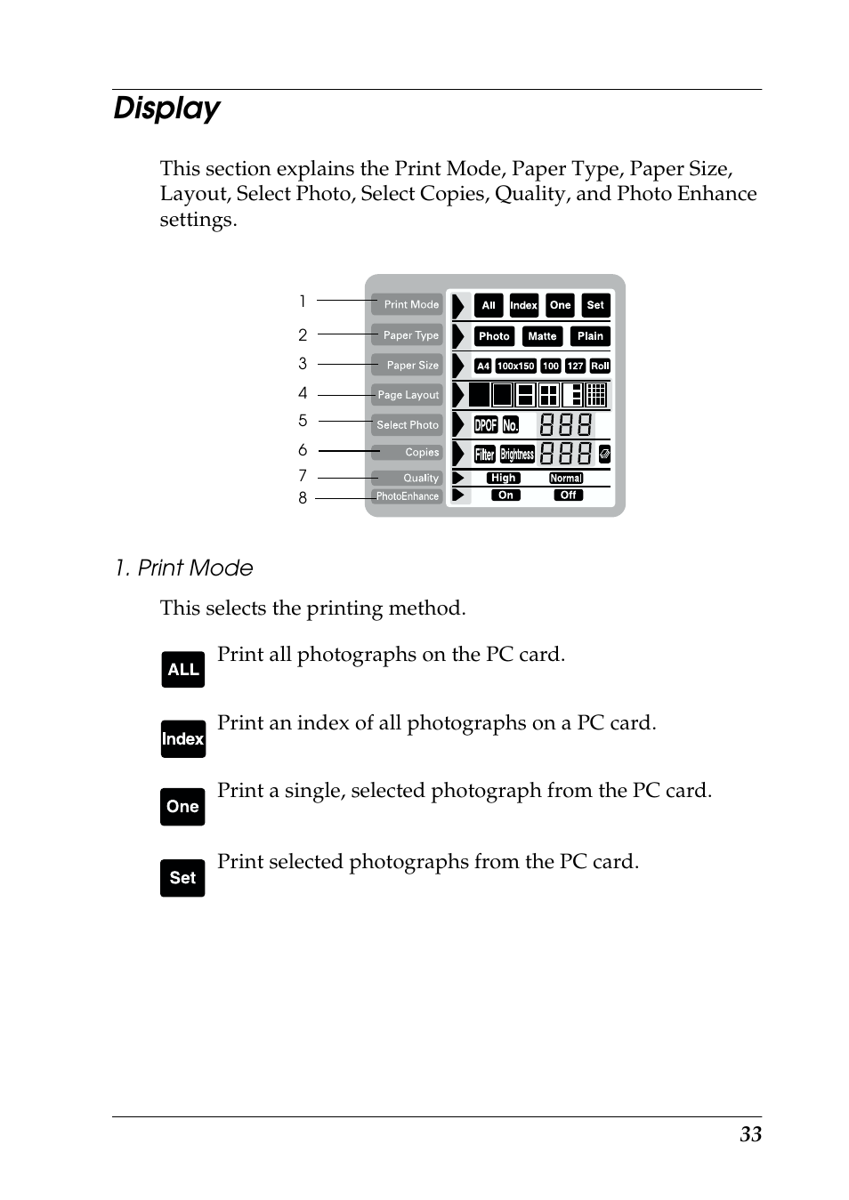 Display, Print mode | Epson 925 User Manual | Page 39 / 112