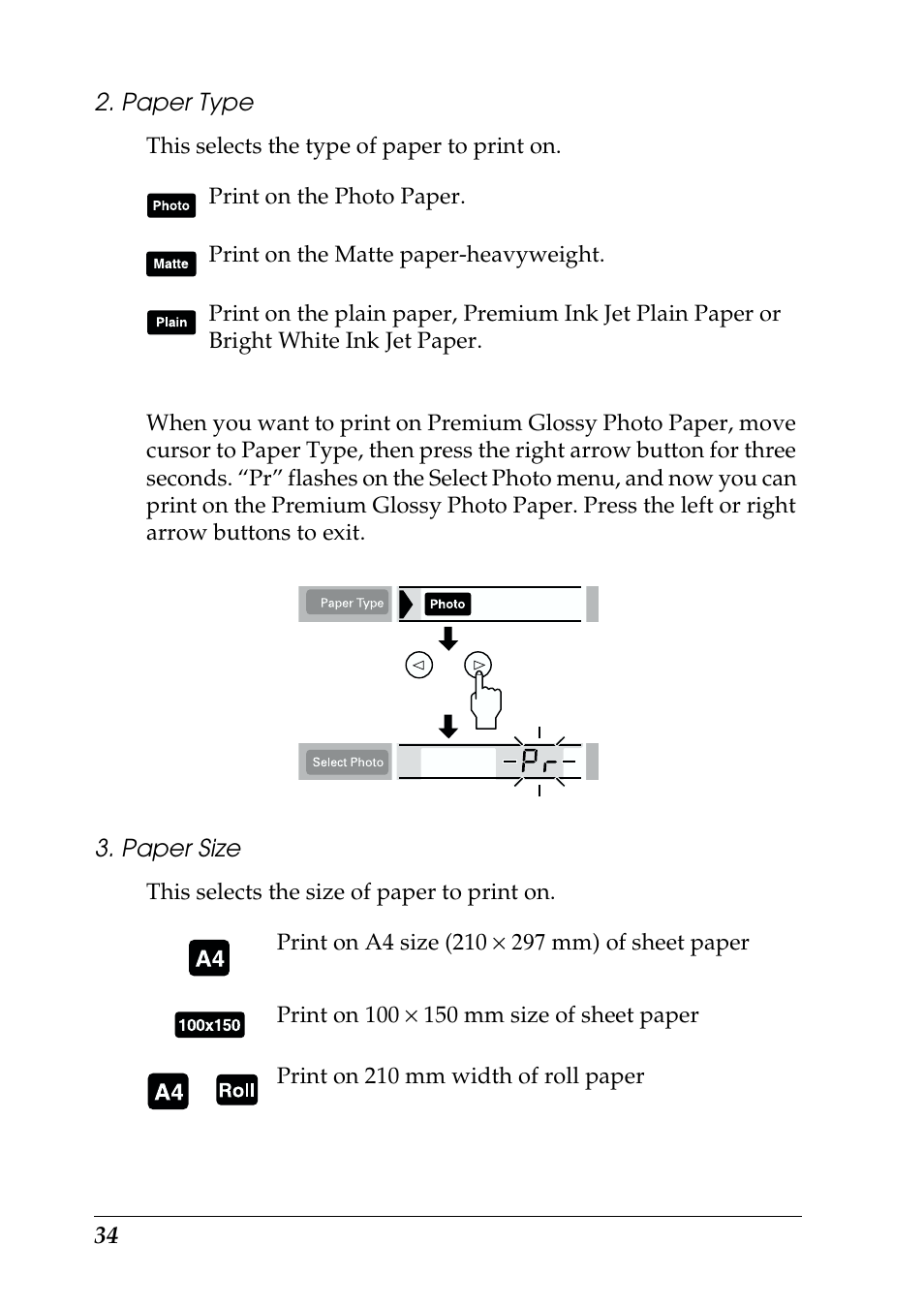 Paper type, Paper size | Epson 925 User Manual | Page 40 / 112