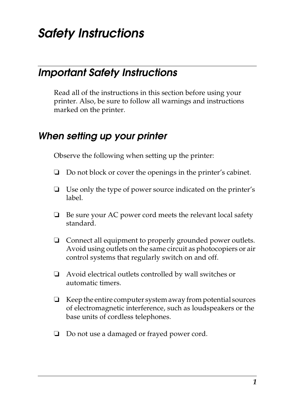 Safety instructions, Important safety instructions, When setting up your printer | Epson 925 User Manual | Page 7 / 112