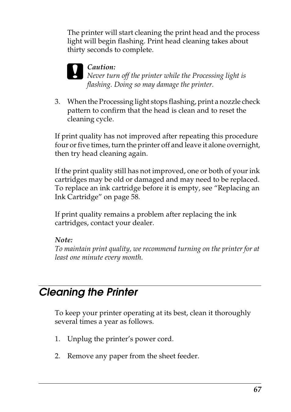 Cleaning the printer | Epson 925 User Manual | Page 73 / 112
