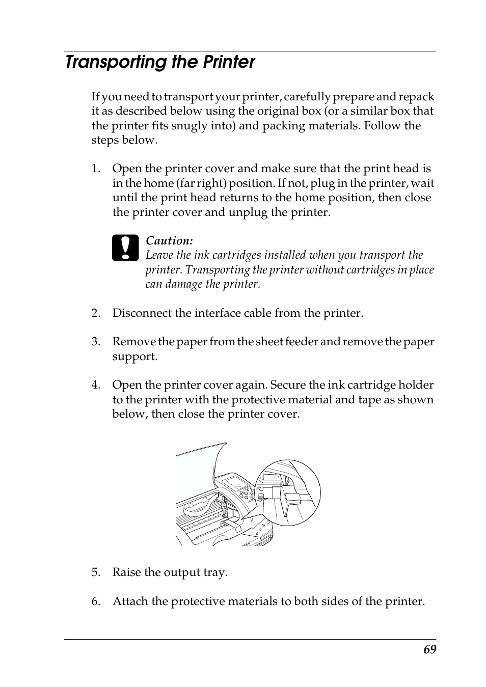 Transporting the printer | Epson 925 User Manual | Page 75 / 112