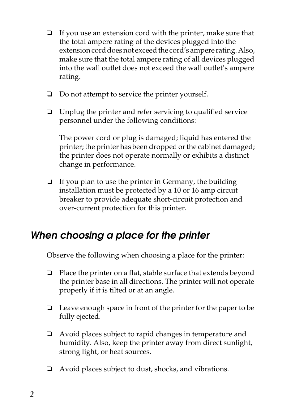 When choosing a place for the printer | Epson 925 User Manual | Page 8 / 112
