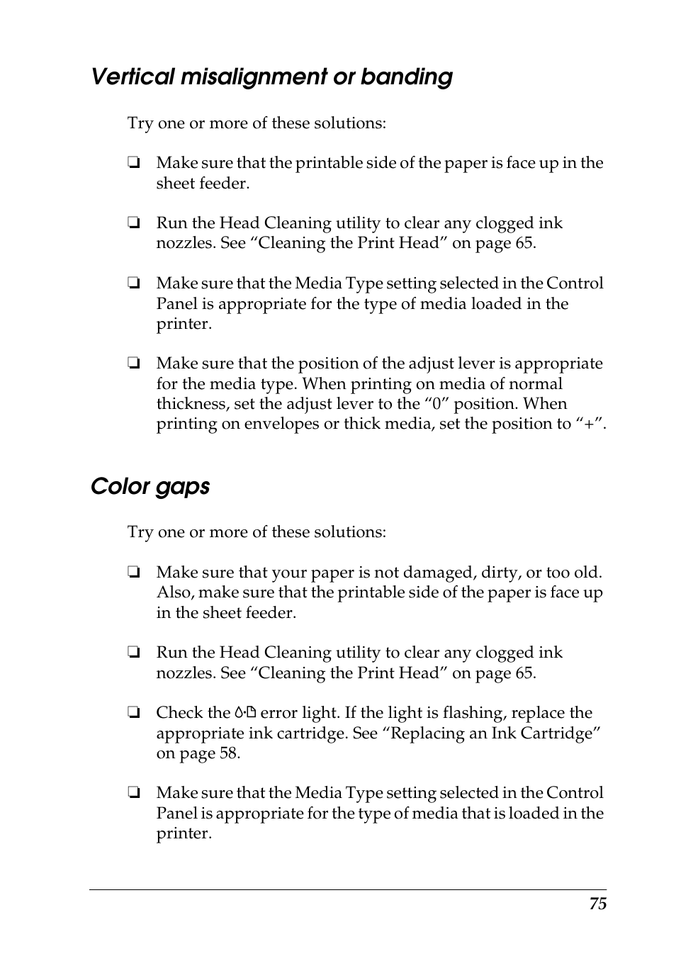 Vertical misalignment or banding, Color gaps | Epson 925 User Manual | Page 81 / 112