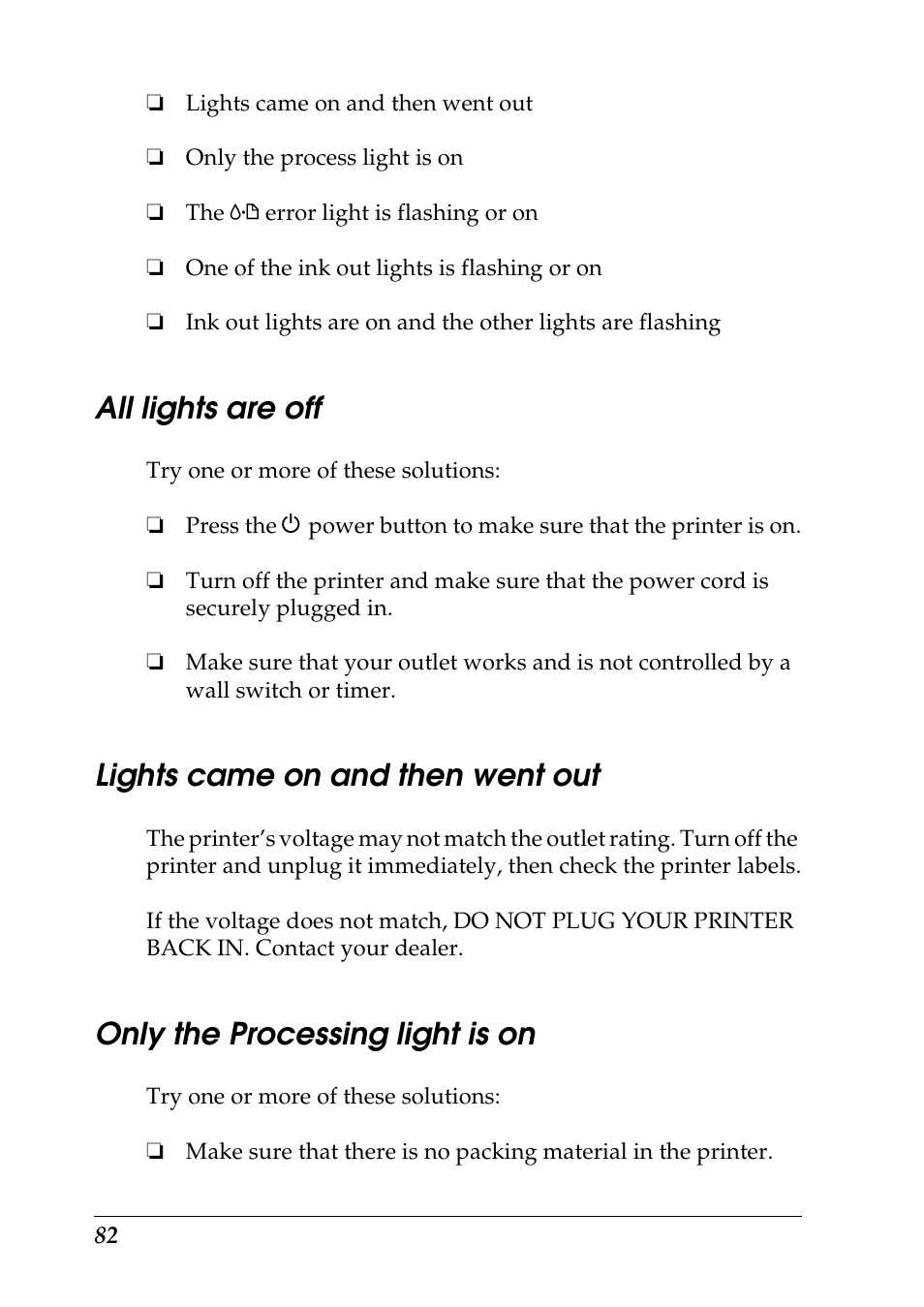 All lights are off, Lights came on and then went out, Only the processing light is on | Epson 925 User Manual | Page 88 / 112