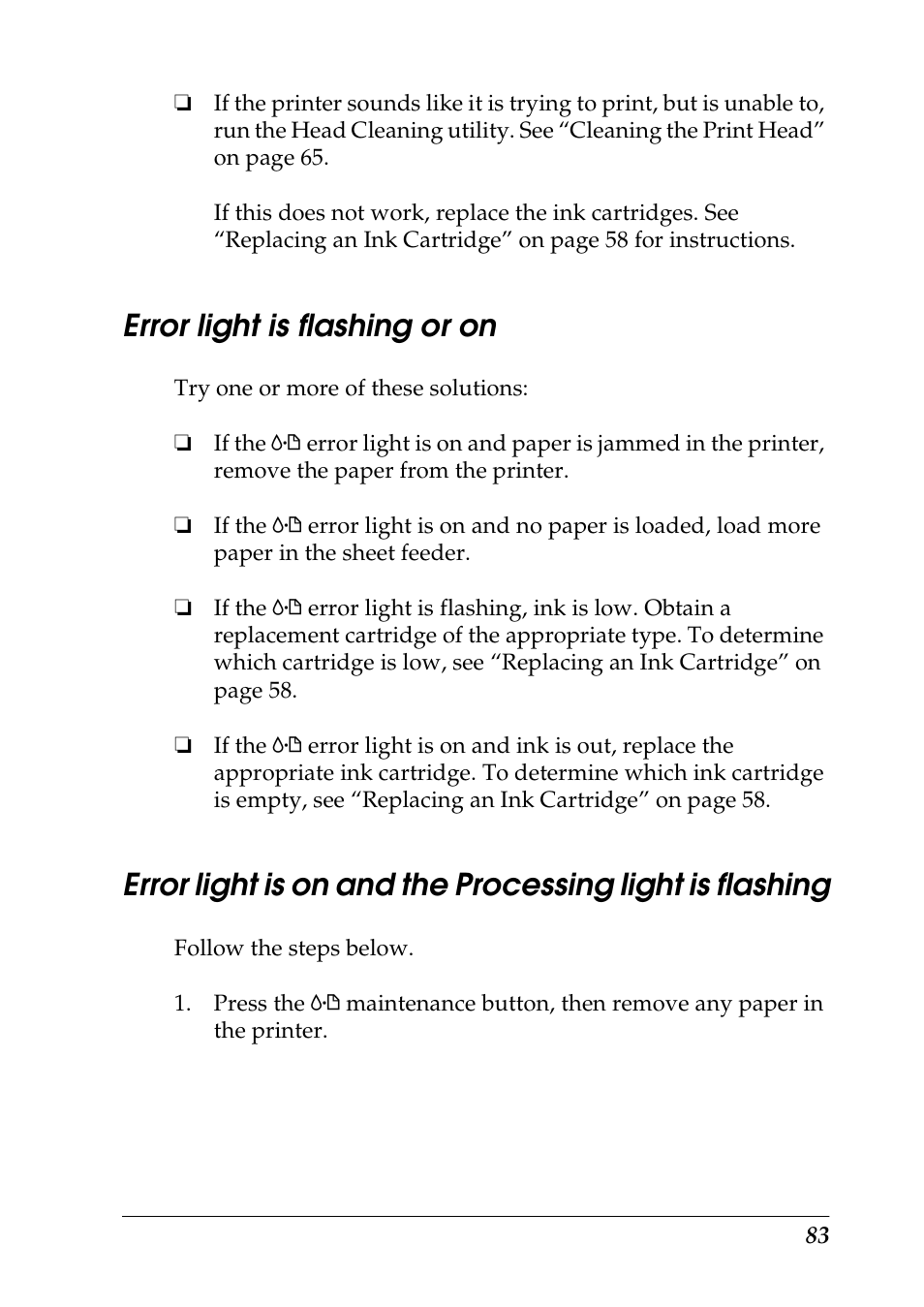 Error light is flashing or on | Epson 925 User Manual | Page 89 / 112