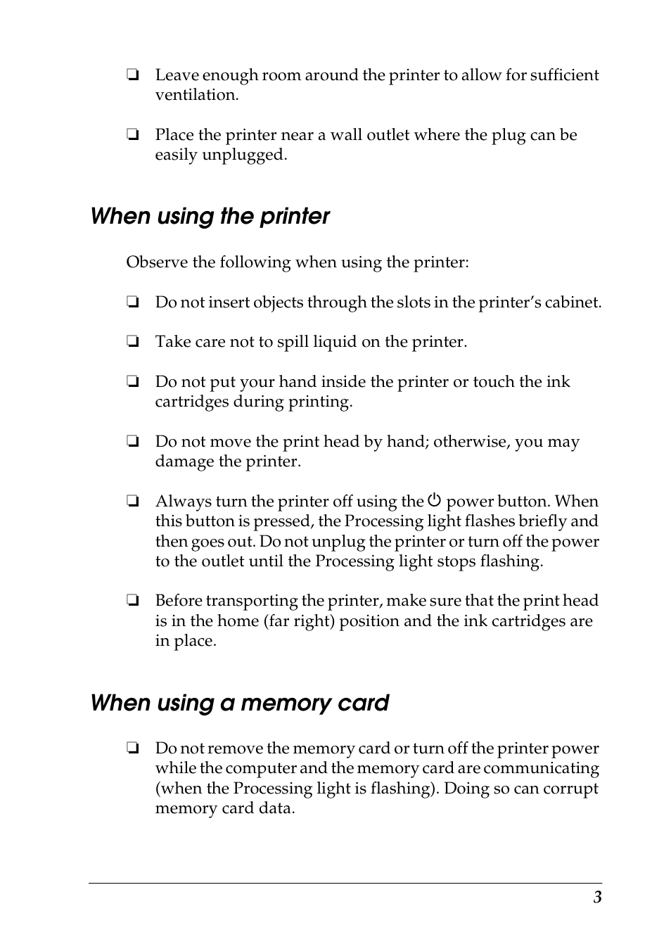 When using the printer, When using a memory card | Epson 925 User Manual | Page 9 / 112