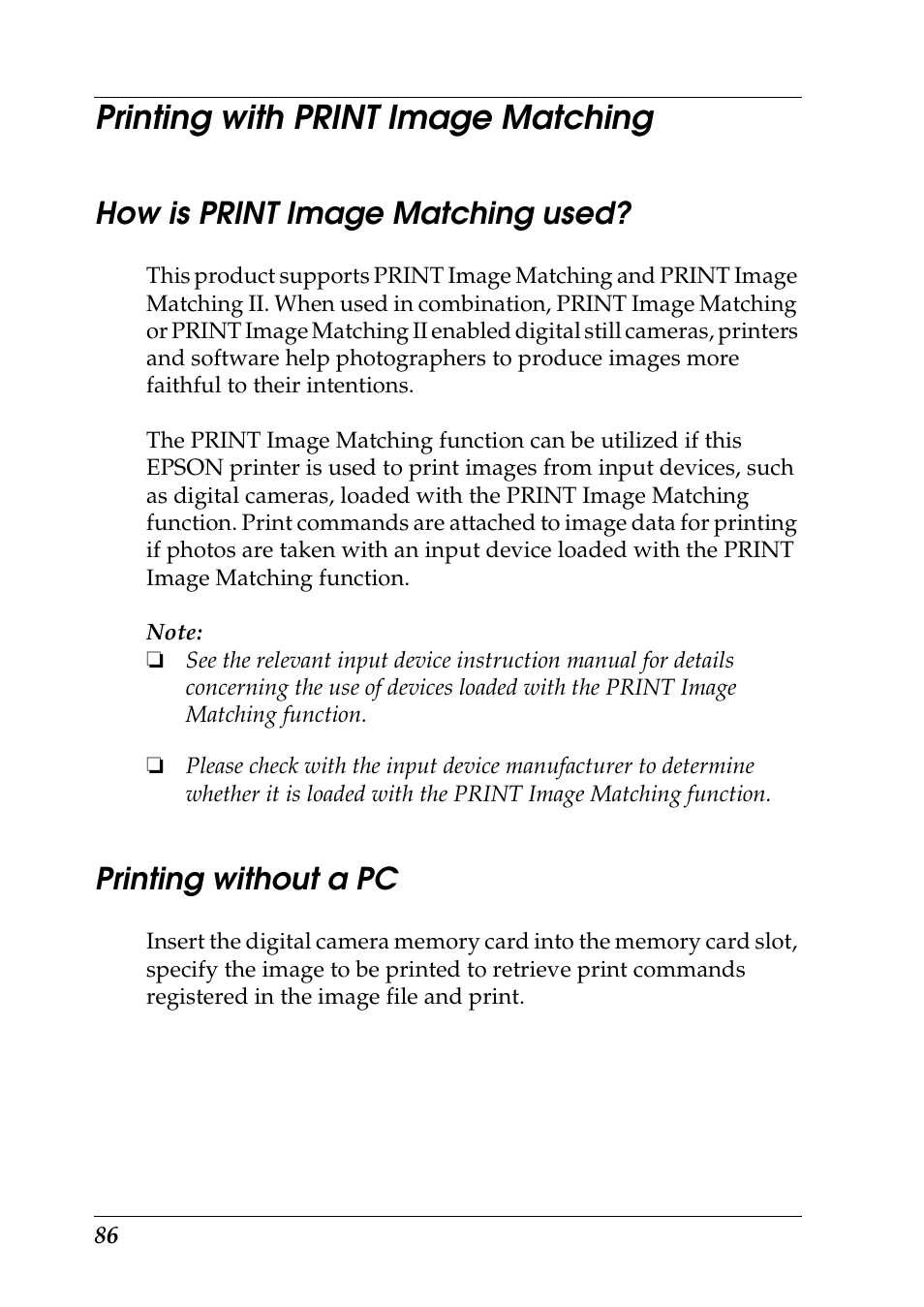 Printing with print image matching, How is print image matching used, Printing without a pc | Epson 925 User Manual | Page 92 / 112