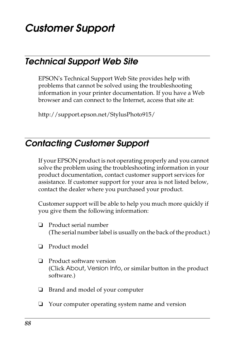Customer support, Technical support web site, Contacting customer support | Epson 925 User Manual | Page 94 / 112